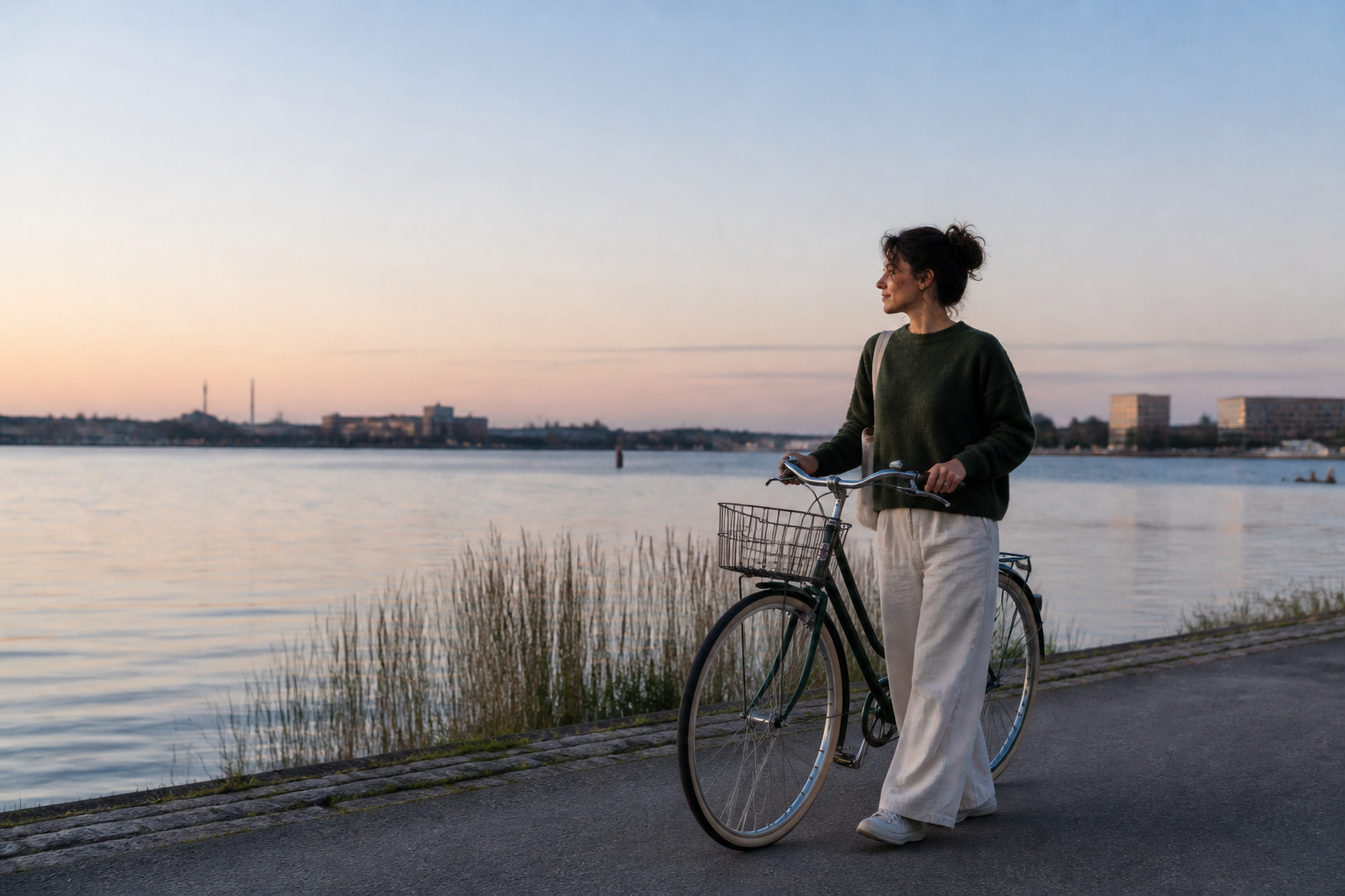 En selvstændig nyder en rolig aften ved vandet med sin cykel